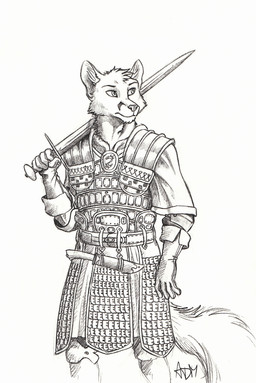 5_fingers anthro armor belt breastplate clothed clothing dagger fingers gloves greaves handwear holding_melee_weapon holding_object holding_sword holding_weapon looking_aside melee_weapon poleyn scabbard scale_armor simple_background solo standing sword tail weapon white_background 0laffson haze_(danogambler) canid canine mammal 2018 signature sketch traditional_media_(artwork)