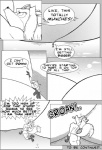 anthro beach_rivalry bikini breasts butt canid canine clothed clothing comic dialogue english_text female fox greyofpta greyscale inflation mammal monochrome skimpy solo swimwear tail text topless two-piece_swimsuit