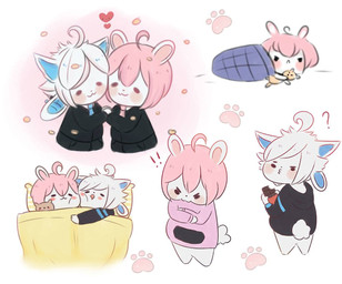 anthro chibi duo exclamation_point fox_ears heart_symbol male male/male question_mark rabbit_ears yookow kitsugi canid canine fox lagomorph leporid mammal rabbit multiple_images