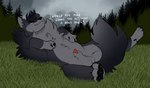 animal_genitalia animal_penis balls canine_genitalia claws dialogue feral finger_claws fluffy forest forest_background freckles fur genitals grass grey_body grey_fur hair looking_at_viewer lying male nature nature_background on_back outside penis penis_tip plant quadruped raining sheath smile smiling_at_viewer smirk smirking_at_viewer snaggle_tooth solo tail teeth text toe_claws tree tuft bublijoestar fan_character nico_(bublijoestar) canid canine canis mammal wolf digital_media_(artwork) english_text hi_res