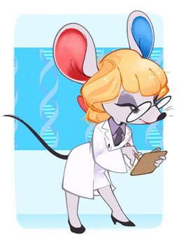accessory anthro blonde_hair blue_background clipboard clothing coat dna dual_holding eyeshadow eyewear female footwear fur glasses grey_body grey_eyes grey_fur hair hair_accessory hair_tie high_heels holding_clipboard holding_object holding_pencil holding_writing_utensil lab_coat leaning leaning_forward lips makeup necktie pencil_(object) red_lips shoes simple_background smile solo tail thin_tail topwear writing_utensil vergolophus animal_crossing nintendo petri_(animal_crossing) house_mouse mammal mouse murid murine rodent 2021 digital_media_(artwork)