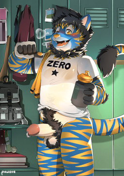 anthro balls biped blue_body blue_fur bodily_fluids bottle bottomless circumcised clothed clothing container fur genital_fluids genital_piercing genitals humanoid_genitalia humanoid_penis locker locker_room male mane markings penis penis_piercing piercing precum prince_albert_piercing pubes shirt solo star striped_body striped_fur striped_markings striped_tail stripes tail tail_markings text topwear water_bottle yellow_body yellow_fur pawsve altin_(character) felid mammal pantherine tiger english_text hi_res