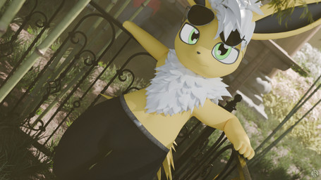 animal_genitalia anthro bottomwear clothing detailed_background eye_contact eyewear eyewear_on_head fence fur genitals grass looking_at_another male outside pants plant solo sunglasses sunglasses_on_head wearing_sunglasses white_body white_fur sawert nintendo pokemon jack_(sawert) eeveelution generation_1_pokemon jolteon pokemon_(species) 16:9 2026 3d_(artwork) blender_(artwork) blender_cycles_(artwork) digital_media_(artwork) hi_res widescreen