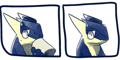ambiguous_gender bodily_fluids container cup drinking holding_container holding_cup holding_object humor pupils shocked simple_background small_pupils solo surprised sweat wide_eyed lob0 nintendo pokemon amphibian generation_6_pokemon greninja pokemon_(species) comic lol_comments reaction_image source_request