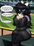 accessory anthro areola baseball_field baseball_stadium big_breasts black_hair blue_eyes bow_ribbon breasts clenched_teeth clothing dessert dialogue female first_person_view food fur grey_body grey_fur hair hair_accessory hair_bow hair_ribbon ice_cream legwear long_hair looking_at_viewer nipples photo_background profanity ribbons slightly_chubby stockings teeth text thick_thighs crazy_water hasbro my_little_pony fan_character femme_(oc) earth_pony equid equine horse mammal pony absurd_res english_text hi_res photography_(artwork)