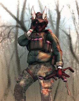 anthro armor assault_rifle ear_piercing female gun headgear helmet mask piercing plate_carrier ranged_weapon rifle rifle_sling scope solo tactical_gear tactical_gloves weapon lil_randum halsey_(cero) canid canine canis jackal mammal absurd_res hi_res