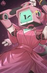 ambiguous_gender cable clothed clothing dress eyes_closed female hand_behind_head looking_at_viewer machine night one_eye_closed pink_clothing pink_dress solo star tail wink winking_at_viewer auveiss aveline_(auveiss) robot 2025 digital_media_(artwork) hi_res