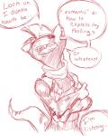 anthro anthrofied beelzemon_(artist) clothed clothing comic command command_to_look confession dialogue english_text fan_character gael_the_scrafty generation_5_pokemon linked_speech_bubble male monochrome nintendo open_mouth pokemon pokemon_(species) pokemorph romantic_confession scarf scrafty sketch solo speech_bubble split_dialogue talking_to_another teeth text topless