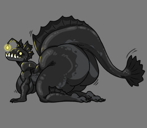 all_fours anthro big_breasts big_butt black_body black_scales breasts butt empty_eyes feet female fish_tail grey_background huge_butt huge_thighs lure_(anatomy) non-mammal_breasts scales sharp_teeth side_view simple_background solo teeth thick_thighs wide_hips yellow_eyes domadordedinoss anglerfish_(domadordedinoss) anglerfish aquatic fish