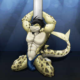 abs anthro athletic balls biceps big_muscles big_penis biped black_hair brown_body brown_skin bulge clothed clothing detailed_bulge dorsal_fin erection erection_under_clothing fangs fin flexing genital_outline genitals green_eyes grin hair hands_behind_head humanoid_genitalia humanoid_penis kneeling looking_at_viewer male markings muscular muscular_anthro muscular_male pecs penis penis_base penis_outline pole pose scales smile solo spots spread_legs spreading stripper teeth topless yellow_body yellow_skin stonecircle rakeesh aquatic fish shark 1:1 2013