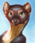 black_nose brown_body brown_fur fur green_eyes looking_at_viewer sky smile solo tan_body tan_fur alectorfencer gulonine mammal marten mustelid musteline 2019 digital_media_(artwork) headshot_portrait portrait