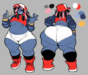 accessory arm_markings belly big_butt black_sclera blue_body bottomwear bracelet burrito butt clothed clothed_humanoid clothed_male clothing color_swatch crop_top dreadlocks femboy food footwear front_view grey_background hair hair_accessory hands_on_hips hat headgear headwear holding_food holding_object huge_butt jewelry looking_at_viewer male male_humanoid markings midriff multicolored_body multicolored_hair navel nipples one_eye_closed overweight overweight_humanoid overweight_male pointy_ears rear_view shirt shoes shorts simple_background slightly_chubby slightly_chubby_humanoid slightly_chubby_male smile socks solo thick_thighs topwear white_eyes wide_hips doeswhatever misu_(nathanatwar) goblin humanoid absurd_res digital_drawing_(artwork) digital_media_(artwork) hi_res model_sheet