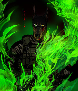 anthro blood blood_on_face bodily_fluids bulletproof_vest clothing colored_fire female fire glowing glowing_eyes green_eyes green_fire gun holding_gun holding_object holding_ranged_weapon holding_weapon intense_lighting intense_stare kit_grishaw lobotomizeriv military military_uniform muscular ranged_weapon shaded_face soldier solo tomboy uniform warrior weapon krampuzzz krampuzzzda united_states_marine_corps katherine_grishaw canid canine canis dobermann domestic_dog mammal pinscher half-length_portrait hi_res portrait