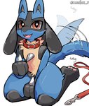 3_fingers 3_toes ambiguous_anthro ambiguous_gender anthro black_body black_fur black_inner_ear black_legs blue_body blue_ears blue_fur blue_tail cheek_tuft chest_spike collar cute_fangs facial_tuft fangs feet fingers front_view fur gloves_(marking) hand_spike happy kneeling leash leg_tuft looking_at_viewer markings motion_lines multicolored_body multicolored_ears multicolored_fur neck_tuft open_mouth pawpads pink_pawpads pink_tongue pupils red_collar red_eyes red_leash simple_background solo sparkles sparkling_eyes spikes spikes_(anatomy) tail tail_motion tail_tuft tailwag teeth thick_thighs thigh_tuft toes tongue tuft white_background yellow_body yellow_fur meekax_x nintendo pokemon generation_4_pokemon lucario pokemon_(species) 2024 artist_name digital_media_(artwork) hi_res