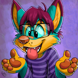 anthro blue_body blue_eyes blue_fur cheek_tuft clothed clothing dipstick_ears ear_markings eyewear facial_tuft front_view fur glasses glistening glistening_eyes hair logo male multicolored_ears no_sclera open_mouth open_smile orange_nose pattern_clothing pattern_topwear purple_clothing purple_topwear rectangular_glasses red_hair simple_background smile solo striped_clothing striped_topwear stripes topwear tuft yellow_body yellow_fur young young_anthro young_male pandapaco canid canine mammal 1:1 artist_logo signature