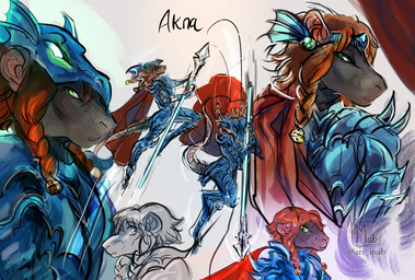 anthro armor biped black_body black_fur bottomwear braided_hair braided_pigtails breastplate cape clothed clothing digitigrade dragoon female fur green_eyes hair headgear headwear helmet holding_object holding_weapon melee_weapon pigtails plate_armor polearm rat_tail red_hair simple_background solo spear spiked_armor spikes tail text weapon mab akna_(bahumot) mammal murid murine rat rodent digital_media_(artwork) english_text multiple_images sketch sketch_page