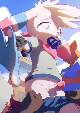 ambiguous_gender anthro assisted_exposure balls blue_eyes bottomwear bottomwear_down bullying clothed clothing day erection eyebrows faceless_character foreskin genitals group hair holding_another humanoid_genitalia humanoid_penis humiliation kerchief looking_down male male/ambiguous neckerchief neckwear object_in_mouth outside pacifier pacifier_in_mouth partially_clothed penis public public_exposure public_humiliation retracted_foreskin scut_tail shirt short_tail shorts shorts_down sky solo_focus standing tail topwear undressing_another white_body white_hair young young_anthro young_male reddishfox cotton_(comfytail) ambiguous_species felid feline lagomorph leporid mammal rabbit 2021 absurd_res hi_res