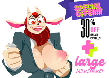 advertisement anthro big_breasts bodily_fluids breasts ear_piercing female horizontal_pupils huge_breasts lactating nipples piercing pupils simple_background solo text white_background kinoko.kemono dungeon_flippers iranian_mythology middle_eastern_mythology mythology maulie_(dungeon_flippers) felid mammal manticore english_text hi_res lineless