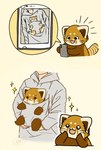 anthro black_eyes brown_body cellphone chibi clothing dot_eyes electronics feral happy hoodie kemono open_mouth phone simple_background smartphone topwear shi_nominmin ailurid domestic_cat felid feline felis human mammal red_panda 2024 hi_res