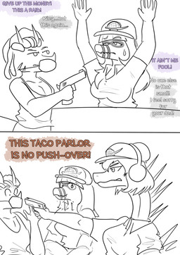 3_horns anthro back_spikes baseball_cap breasts clothing dialogue dreadlocks electronics eyelashes face_mask facial_horn fast_food_employee female frill_(anatomy) group gun hair handgun hands_up hat headgear headphones headset headwear holding_gun holding_handgun holding_object holding_pistol holding_ranged_weapon holding_weapon horn long_hair male multi_horn neck_spikes nose_horn pistol ranged_weapon robbery shirt short_hair snaggle_teeth snout spikes spikes_(anatomy) tank_top text topwear trio weapon arsenic_iii cavemanon_studios i_wani_hug_that_gator snoot_game lunara_(iwhtg) maggie_(snoot_game) riley_(snoot_game) amargasaurus bambiraptor ceratopsian dicraeosaurid dinosaur dromaeosaurid ornithischian prehistoric_species reptile sauropod sauropodomorph scalie theropod triceratops 2024 absurd_res english_text hi_res monochrome