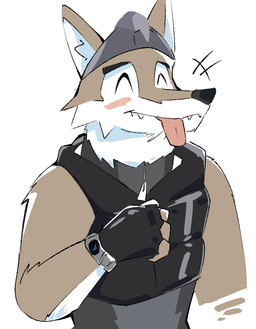 4_fingers anthro black_clothing black_topwear black_vest blep blush brown_body brown_fur clock clothing eyes_closed fingerless_gloves fingers fur gloves handwear headgear kemono male multicolored_body multicolored_fur pink_tongue sharp_teeth simple_background solo teeth tongue tongue_out topwear two_tone_body two_tone_fur vest watch white_background asumo_1 epic_games fortnite wendell_(fortnite) canid canine canis mammal wolf 2023 digital_media_(artwork) half-length_portrait portrait