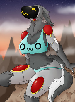 anthro big_breasts big_butt bikini breasts butt cleavage clothed clothing crop_top cybernetics female floppy_ears fur glistening glistening_body grey_body grey_fur huge_breasts huge_butt machine mane mountain navel owo shirt side_boob sitting smile solo star string_bikini sunset swimwear thick_thighs topwear two-piece_swimsuit underwear visor hornyskull_(artist) icary_(character) cyborg protogen absurd_res hi_res