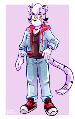 anthro biped black_nose bottomwear cheek_tuft clothed clothing countershading dipstick_tail eyebrows facial_tuft footwear front_view fur gloves_(marking) green_eyes hair jacket jewelry looking_at_viewer male markings necklace pants purple_body purple_fur shoes short_hair simple_background sneakers solo standing striped_markings striped_tail stripes tail tail_markings topwear tuft white_body white_countershading white_fur white_hair white_markings syaokitty felid mammal pantherine tiger 2026 hi_res