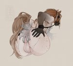 ambiguous_gender anthro backsack balls bent_over big_butt bodily_fluids bridle brown_tail butt butt_grab cum cum_on_butt disembodied_hand dock_(anatomy) fur genital_fluids genitals group hand_on_anus hand_on_butt hand_on_chest looking_back male male/ambiguous nude perineum presenting presenting_hindquarters simple_background solo tail trio white_body white_fur zilya-lya equid equine horse mammal