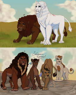 2_panel_comic accessory alternate_species back_scar bangle black_text blue_eyes blue_sky braided_hair braided_ponytail brown_body brown_eyes brown_fur brown_hair brown_mane brown_nose cloud crouching day detailed_background dialogue digitigrade ear_piercing feather_accessory female female_feral feral feral_with_hair fur furgonomics furrification grass grey_body grey_fur group hair jewelry leucistic long_hair male male_feral mane open_mouth outside paws piercing pink_nose pink_scar plant ponytail scar short_hair sitting sky standing tail tail_accessory tail_bangle tail_jewelry tail_tuft text tuft white_body white_fur white_mane chorny_vasiliok the_hunger_games barb_azure_baird coriolanus_snow lucy_gray_baird maude_ivory_baird sejanus_plinth tam_amber felid lion mammal pantherine 2025 4:5 comic crossover digital_drawing_(artwork) digital_media_(artwork) handwritten_text hi_res russian_text shaded soft_shading