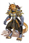 4_ears anthro armor brown_eyes claws clothed clothing fangs female fluffy fluffy_tail gauntlets gloves hair handwear horn leopard_spots multi_ear plate_armor rasta simple_background solo spots tail teeth growingdragon guild_wars skanra_steelclad_(skanra) charr felid mammal hi_res