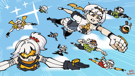 female group meme_pose squidking image_comics invincible_(image_comics) invincible_war_(meme) mihoyo zenless_zone_zero anby_demara yixuan_(zenless_zone_zero) bangboo human mammal 16:9 hi_res meme widescreen