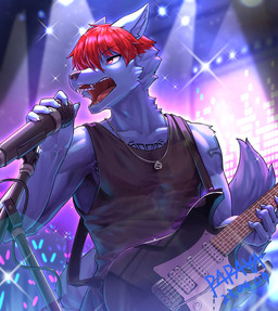 anthro black_clothing black_markings black_topwear blue_body blue_fur blurred_background cheek_tuft clothed clothing electric_guitar electronics facial_tuft fangs front_view fur glistening glistening_eyes guitar hair holding_guitar holding_microphone holding_musical_instrument holding_object male markings microphone microphone_stand musical_instrument neck_tuft open_mouth plucked_string_instrument pupils red_eyes red_hair red_tongue slit_pupils solo string_instrument teeth tongue topwear tuft papayafurry canid canine mammal 2023 dated hi_res signature