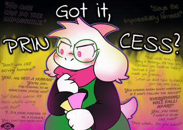 anthro blush clothing colored_fire curved_horn eyewear fire fur glasses green_clothing green_eyewear green_glasses green_robe horn pink_eyes pink_fire pink_horn robe scarf solo text white_body white_fur apollysabyss deltarune undertale_(series) ralsei bovid caprine darkner goat mammal 2026 english_text trans_(lore) trans_woman_(lore)