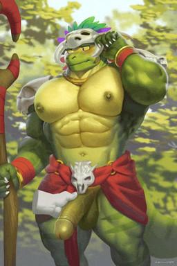 5_fingers abs ambiguous_gender anthro areola armor balls big_muscles big_pecs biped blurred_background blush bone bone_mask bottomwear bottomwear_aside breathing claws clothed clothed_anthro clothed_male clothing clothing_aside disembodied_hand duo erection facial_markings finger_claws fingers foreskin forest forest_background genitals glans glistening glistening_abs glistening_eyes glistening_pecs gold_(metal) gold_jewelry gold_necklace green_areola green_balls green_body green_glans green_nipples green_penis green_scales green_tail handjob head_markings holding_object holding_staff huge_pecs humanoid_genitalia humanoid_penis jewelry loincloth loincloth_aside looking_away loose_feather male male/ambiguous male_anthro male_focus markings mask mouth_closed muscular muscular_anthro muscular_male nature nature_background navel necklace nipple_dip nipples o-ring pecs penile penis plant purple_eyes quads red_bottomwear red_clothing red_loincloth scales serratus sex shoulder_guards skull skull_mask solo solo_focus staff stocky striped_body striped_markings striped_scales striped_tail stripes tail tail_markings tail_motion tailwag teeth text tongue tongue_showing tree vein veiny_muscles veiny_penis white_claws yellow_markings yellow_sclera raccoon21 terraria shimmered_witch_doctor witch_doctor_(terraria) lihzahrd reptile scalie 2026 2:3 2d_animation animated digital_media_(artwork) loop motion_tweening