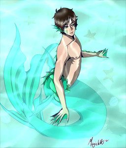 brown_hair green_eyes green_tail hair male membrane_(anatomy) pale_skin solo split_form tail webbed_hands magickitt attack_on_titan eren_jaeger ambient_sealife ambient_starfish aquatic humanoid_merfolk merfolk 2016 signature