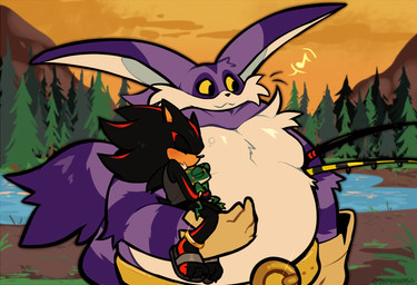 anthro belly belt black_body black_fur clothing cuddling duo footwear fur gloves handwear male male/male moobs overweight purple_body purple_fur sandals shoes size_difference sleeping sunset ohposhers sega sonic_the_hedgehog_(series) big_the_cat shadow_the_hedgehog domestic_cat eulipotyphlan felid feline felis hedgehog mammal hi_res