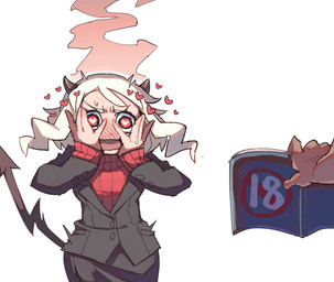 5_fingers black_horn blush book business_suit clothing duo female fingers hair hand_on_face heart_eyes heart_symbol holding_book holding_object horn looking_at_object not_furry open_mouth short_hair simple_background solo_focus spade_tail suit sweater tail topwear turtleneck white_background white_body white_hair white_skin redmiso helltaker modeus_(helltaker) demon demon_humanoid humanoid hi_res