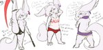 annoyed anthro big_ears butt clothing crossed_arms dialogue ear_piercing ear_ring fur hand_on_head male melee_weapon paws piercing polearm rear_view ring_piercing scythe shirt simple_background solo spread_legs spreading sweater swimming_trunks swimwear tank_top text topwear underwear weapon white_body white_fur fennephilim_fox tagger_fox canid canine fennec_fox fox mammal true_fox english_text hi_res