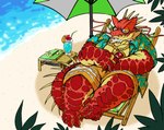 anthro beach beverage bottomwear chair clothed clothing detailed_background eyes_closed eyewear furniture glasses humanoid_hands kemono male open_clothing open_shirt open_topwear overweight overweight_male red_body seaside shirt shorts sitting solo topwear water okudami lifewonders tokyo_afterschool_summoners itzamna_(tas) iguana iguanid lizard reptile scalie 2022