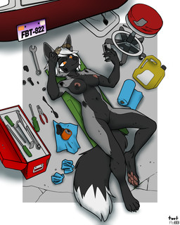 anthro areola athletic black_body black_breasts black_fur breasts car casual_nudity cheek_tuft claws clitoral_hood digitigrade dipstick_tail ears_up electronics erect_nipples eyewear facial_tuft female fur furniture genitals grey_body grey_fur hair holding_object holding_phone license_plate lying markings medium_breasts navel nipples nude oil on_back orange_eyes paintbrush_tail paper_towels pawpads phone pink_areola pliers screw screwdriver short_hair solo stool sunglasses tail tail_markings toolbox tools tuft vehicle vulva white_hair white_tail_tip wrench foxboy83 tootaloo vixen_logic silver_(vixen_logic) canid canine fox mammal red_fox silver_fox true_fox 4:5 colored digital_media_(artwork) full-length_portrait hi_res portrait