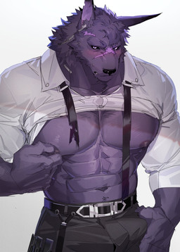 anthro areola belt belt_buckle big_muscles big_pecs biped black_sclera blue_lighting blush blush_lines bottomwear buckle bulge clothed clothing clothing_lift collared_shirt detailed_bulge dress_shirt facial_scar forehead_scar fur genital_outline hand_on_bulge head_tuft holding_bulge light male male_anthro muscular muscular_anthro muscular_male navel nipple_fetish nipple_pinch nipple_play nipples pants pecs penis_outline pinch purple_body purple_eyes purple_fur rim_light scar shadow shirt shirt_lift simple_background solo standing suspenders topwear torn_clothing tuft white_background fuguri canid canine canis mammal wolf 2026 colored digital_media_(artwork) hi_res lighting shaded