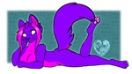 anthro big_breasts blue_background border breasts butt claws featureless_breasts female female_anthro fur hair hair_strands looking_at_viewer lying nude on_front pawpads pink_body pink_fur pink_hair pink_inner_ear pink_pawpads purple_arms purple_body purple_ears purple_fur purple_legs purple_tail raised_leg simple_background solo tail white_border white_claws white_eyes felisrandomis trpc_(felisrandomis) domestic_cat felid feline felis mammal turkish_angora 2022 hi_res female_(lore)