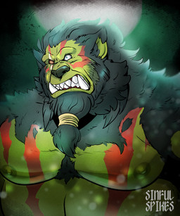 beard body_hair facial_hair fur green_body green_skin male musclegut muscular muscular_male solo tattoo tusks sinfulspikes mythology igroc_(secretkaal) canid canine canis humanoid mammal mythological_canine mythological_creature orc werecanid werecanine werecreature werewolf wolf hi_res portrait