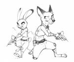 anthro belt clothed clothing dart_gun duo female fur holding_object holding_weapon kneeling male on_one_knee simple_background utility_belt weapon white_background zaush disney zootopia judy_hopps nick_wilde canid canine fox lagomorph leporid mammal rabbit red_fox true_fox digital_drawing_(artwork) digital_media_(artwork) full-length_portrait hi_res monochrome portrait sketch