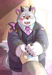 absurd_res anthro belphegor_(tas) belt blush bottomwear clawed_fingers clothing demon duo eyebrows first_person_view fur grey_body grey_fur hand_holding hi_res horn human lifewonders male mammal necktie overweight protagonist_(tas) reddo12340 shorts smile suit thick_eyebrows tokyo_afterschool_summoners yellow_eyes