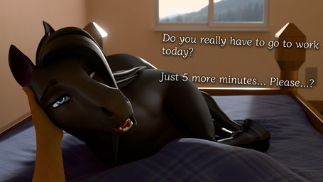 bed bedding bedroom black_body black_fur black_hair blanket blue_eyes caressing_face dialogue duo female feral first_person_view fur furniture groggy hair human_pov inside lying male male/female pov_hands text tired_eyes window whorse_3d equid equine horse human humanoid mammal 16:9 4k absurd_res english_text hi_res widescreen