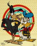 anthro bow_(feature) bow_tie clothing duo half-closed_eyes hat headgear headwear looking_at_viewer male narrowed_eyes tongue tongue_out eeyorbstudios disney looney_tunes warner_brothers daffy_duck donald_duck anatid anseriform avian bird duck hi_res