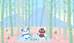 anthro bamboo black_body blue_body chibi detailed_background duo eating food kemono onigiri outside picnic rice sitting slightly_chubby white_body araru bear giant_panda mammal 2021 hi_res