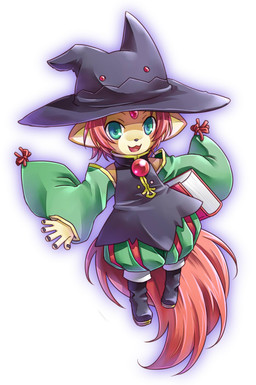 :3 anthro clothed clothing female forehead_gem gem hair hat headgear headwear kemono pink_hair pink_tail solo tail witch_hat young umetani shinrabanshou haruto_feruto