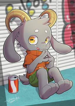 3_toes 4_fingers anthro beverage_can bottomwear clothed clothing curved_horn feet fingers fur graffiti graffiti_on_wall green_bottomwear green_clothing green_pants grey_body grey_fur hair horn long_ears male orange_clothing orange_shirt orange_topwear pants shirt sitting smile solo tail toes tongue tongue_out topwear white_clothing young young_anthro young_male youtsumiki bolgogi bovid caprine goat mammal absurd_res digital_media_(artwork) hi_res signature